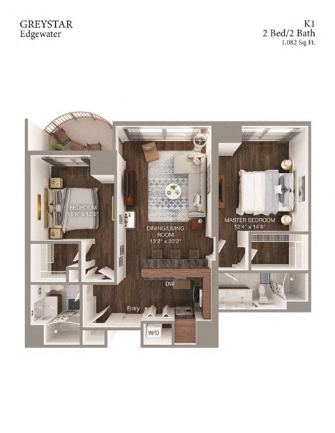 Floor plan for 2 beds, 2 baths, 1082 sqft